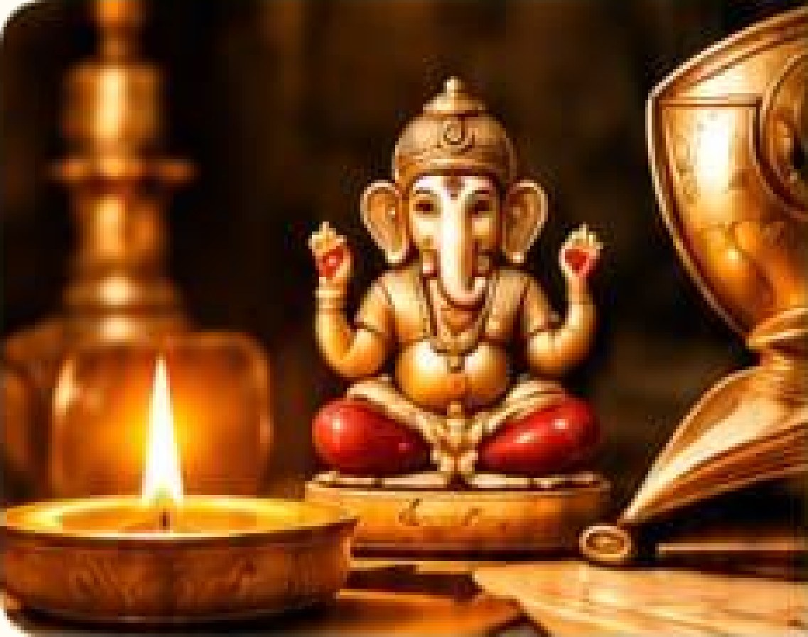 Ganesha idol beside a lit diya